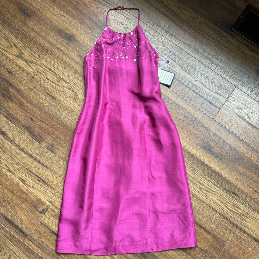 Ann Taylor Fuchsia Halter Midi Dress with Bead Detail